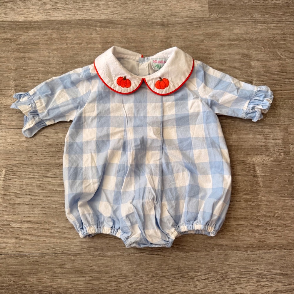 Tutti Frutti Kids Co Baby Girl Gingham Pumpkin Romper Blue White 6M Fall Bubble